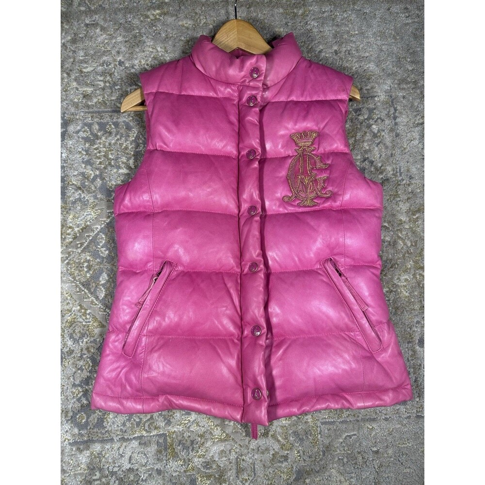 VTG Christian Audigier Pink Puffer Vest Gold Crown Crest Embroidered Y2K Size S